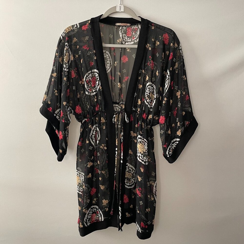 Janette John 3:16 Womens Black 3/4 Sleeve Floral Sleepwear Kimono S